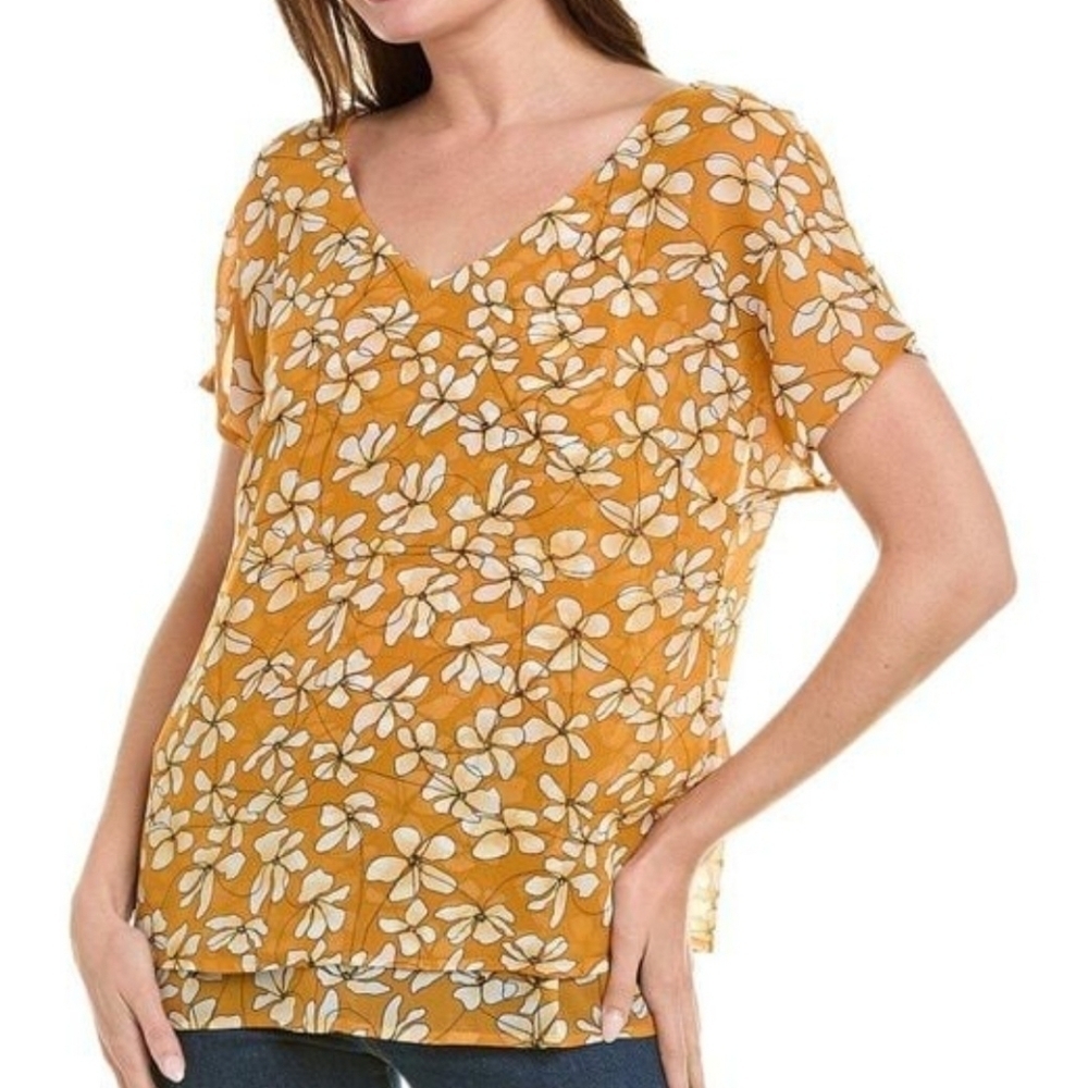 CAbi Thrive Double Layer Chiffon Blouse Gold White Size XS #3598